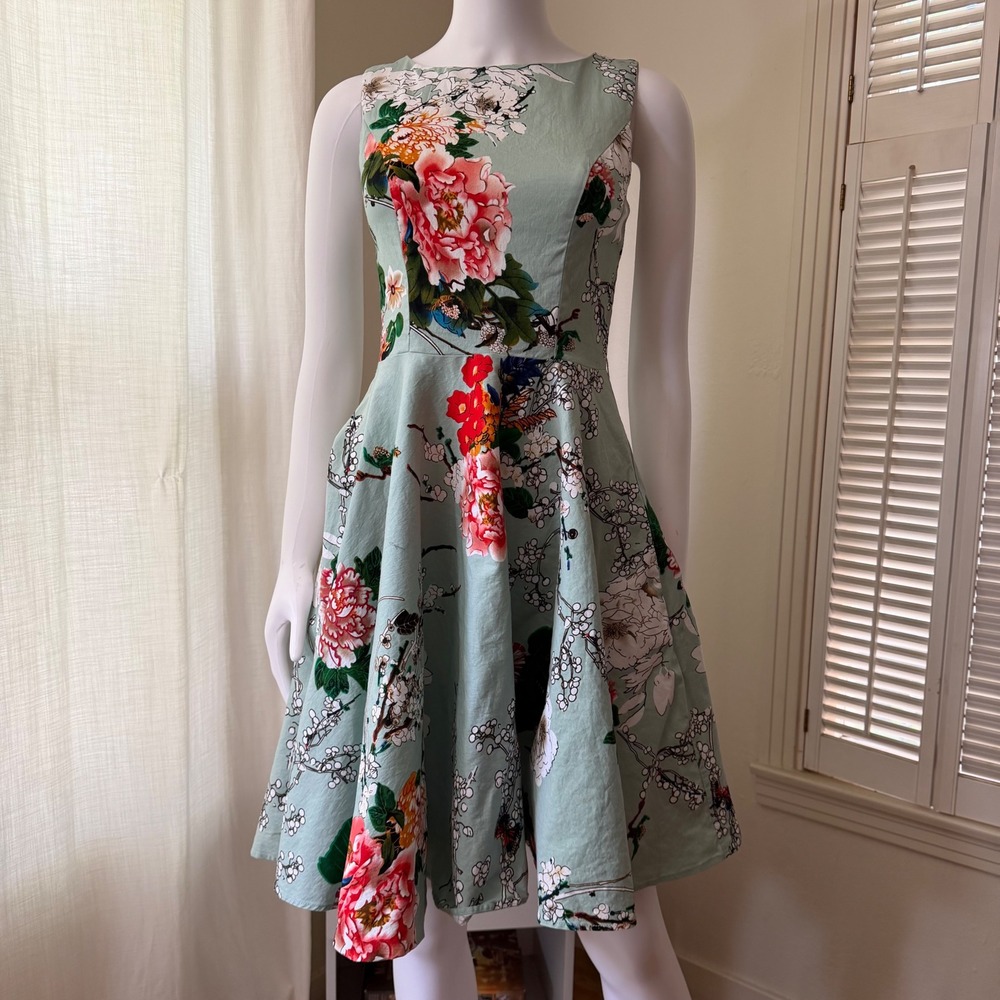 Grace Karin Sage Green Floral Peony Cherry Blossom‎ Fit & Flare Dress XS
